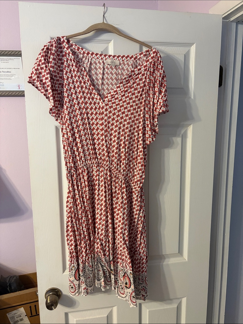 LOFT Red Printed Midi Dress with Paisley Hem